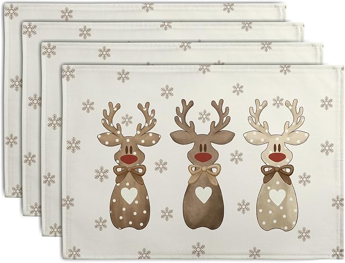 Christmas Reindeer Snowflakes Placemats Set of 4 Xmas Cute Elk Deer Place Mats by Wnoesat