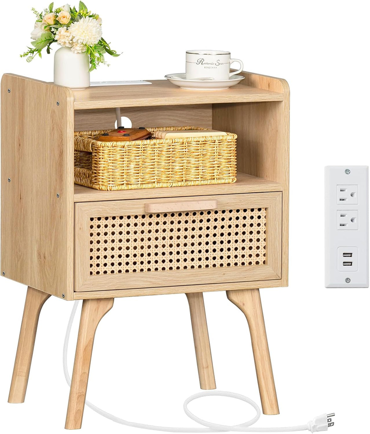 lerliuo rattan nightstand with charging station, boho night, main product view