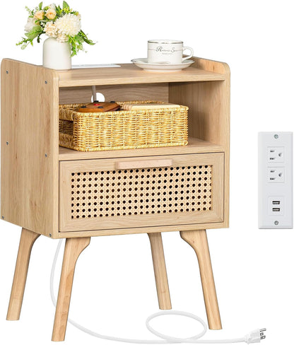 lerliuo rattan nightstand with charging station, boho night, main product view