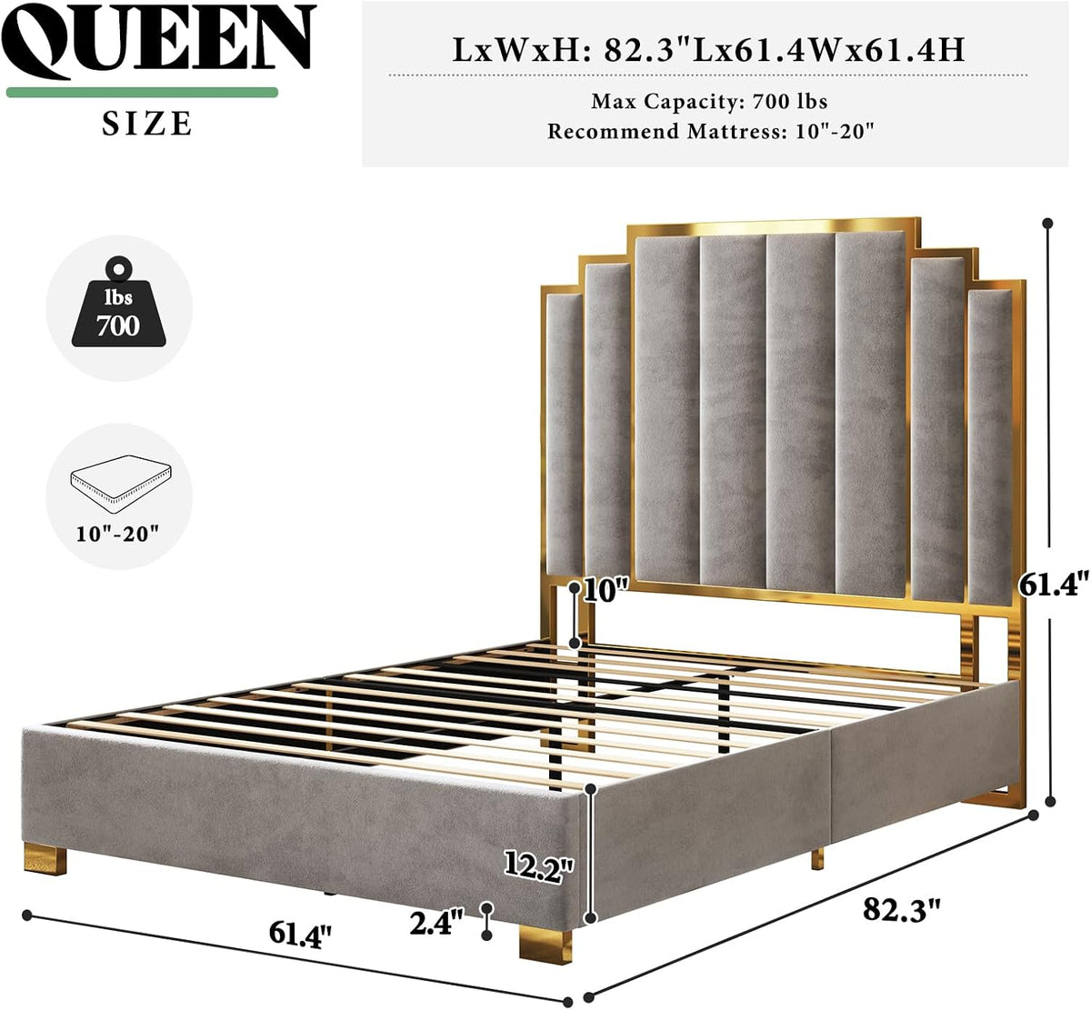 amerlife queen size velvet upholstered bed with gold shown in use