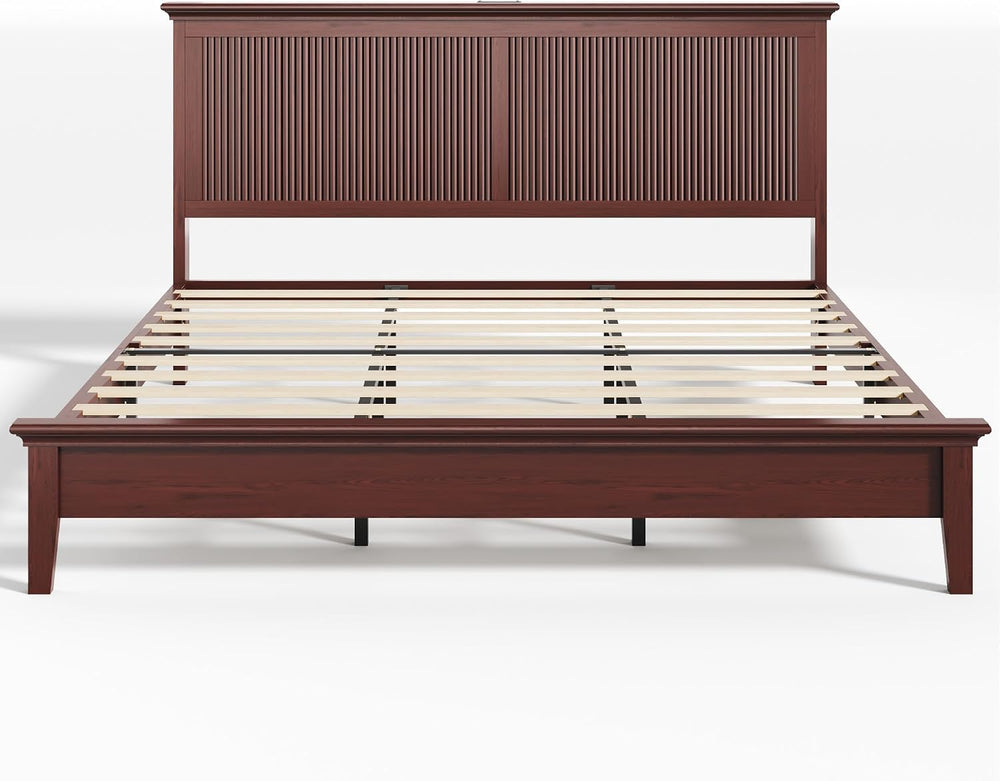 Lifezone King Bed Frame with Headboard, Solid Wood Bed Frame King Size with C...