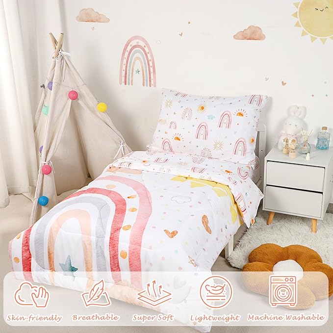 Toddler Bedding Set for Girls, 4 Piece Rainbow Toddler Girl Bedding Set - Image 3
