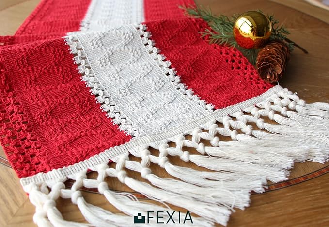 FEXIA Boho Red Table Runner for Holiday Decoration 72 Inches Long Red & Cream - Image 3