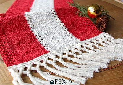FEXIA Boho Red Table Runner for Holiday Decoration 72 Inches Long Red & Cream - Image 3