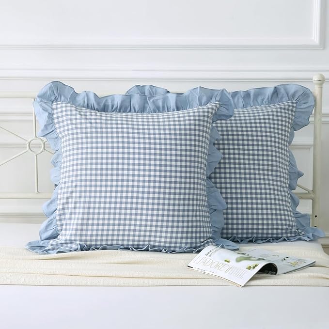 Dusty Blue Plaid Ruffle Throw Pillow Covers by Mywinlle