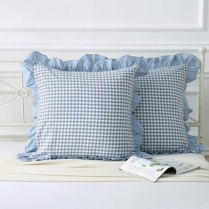 Dusty Blue Plaid Ruffle Throw Pillow Covers by Mywinlle