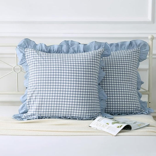 Blue White Plaid Euro Pillow Shams 2 Pack Ruffle Pillowcases, Shabby French by Mywinlle