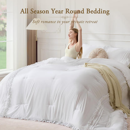 bdeus white ruffle comforter set full size, 3 showing dimensions