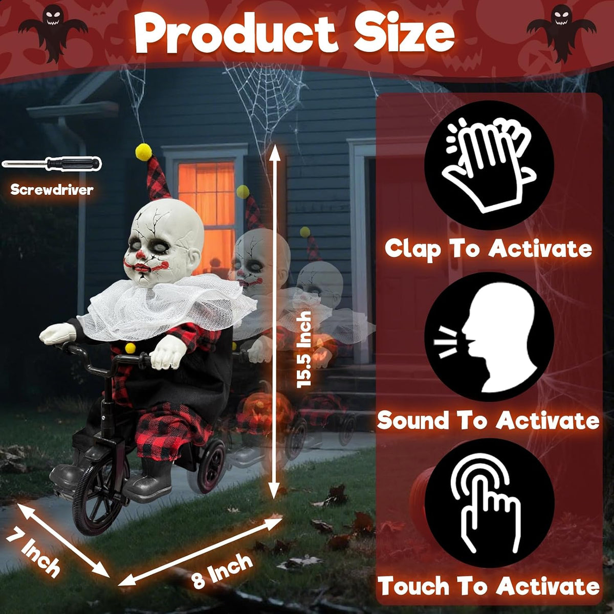 Halloween Animatronic 15.5” Clown Ride on Bicycle Moving Back and Forth