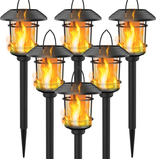 Dynaming 6 Pack Solar Flame Torch Lights Outdoor, Halloween Dual Use Flickering Flame Garden Light, Christmas Hanging Lanterns, Auto On/Off & Waterproof Lighting for Lawn Patio Yard Walkway Driveway