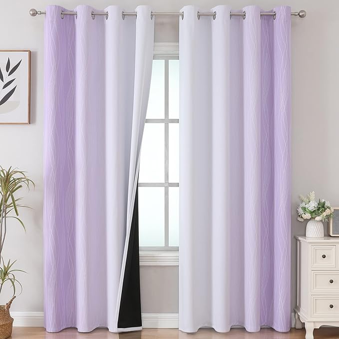 Estelar Textiler Lilac and Greyish White Ombre Blackout Curtains 90 Inch Length by ESTELARTEXTILER