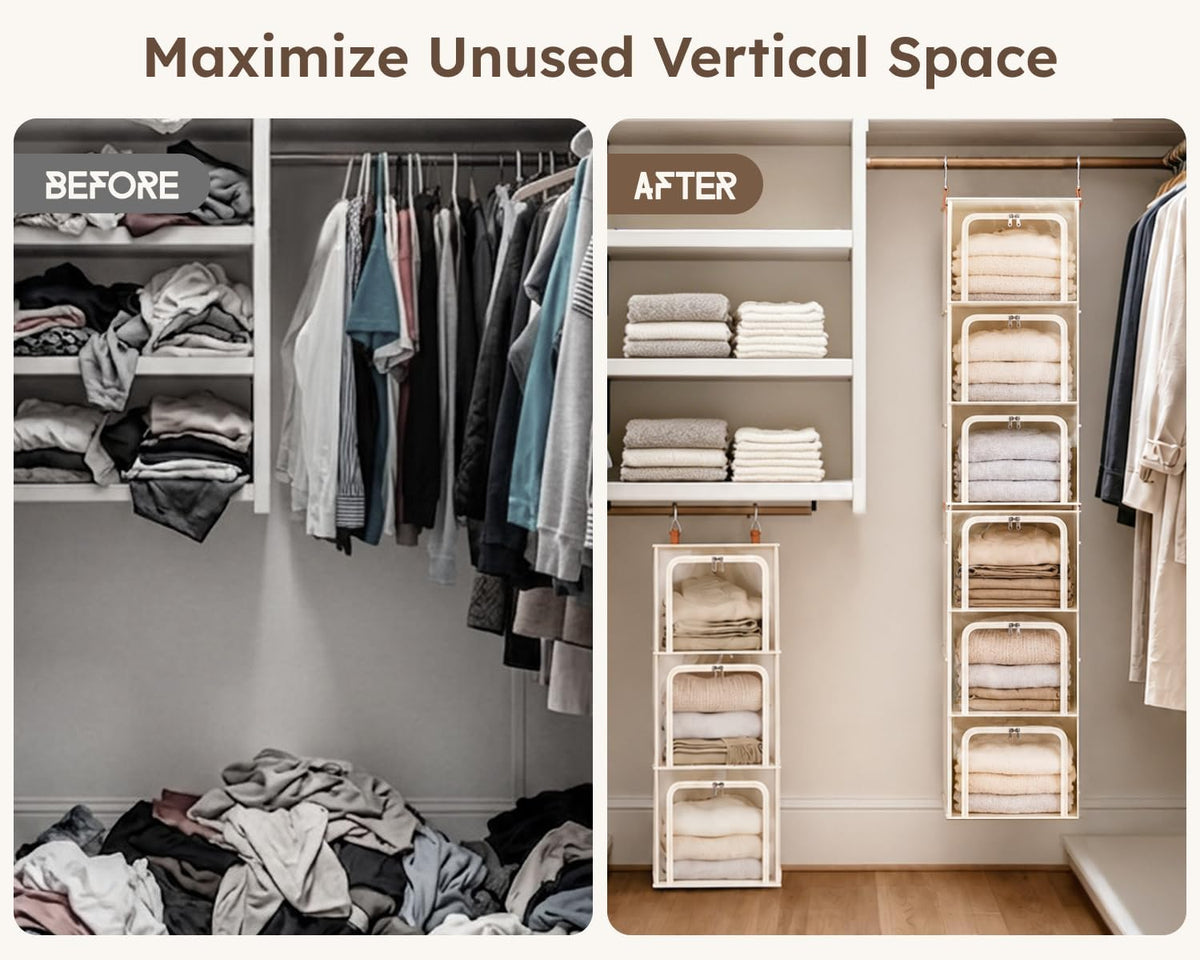 homsorout 6-tier modular hanging closet organizer shelves, beige, side view