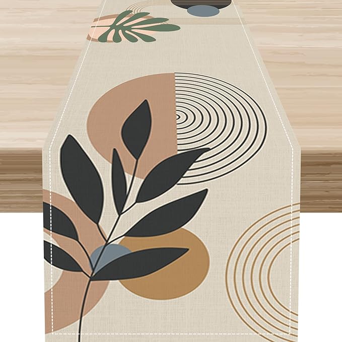 Boho Mid Century Leaves Table Runner, Modern Sun Moon Tropical Plants Leaf by Unknown