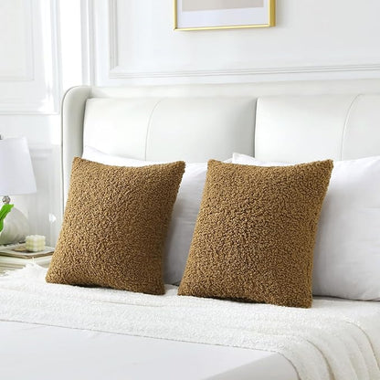FUTEI Khaki Throw Pillow Covers 18x18 Inch Set of 2, Furry Faux Fur Teddy - Image 6