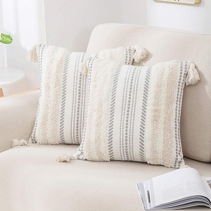 decorUhome Decorative Boho Throw Pillow Covers 20x20 Set of 2, Accent Neutral by decorUhome