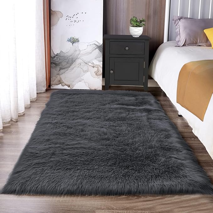 Latepis Dark Gray Faux Fur Rug 3x4 Area Sheepskin Rug by Latepis