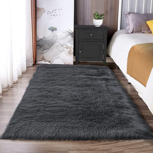 Latepis Dark Gray Faux Fur Rug 3x4 Area Sheepskin Rug by Latepis