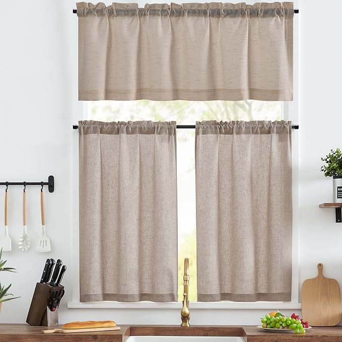 jinchan Grey Kitchen Curtains and Valances Set 3 Pieces Linen Tiers and Valance by JINCHAN