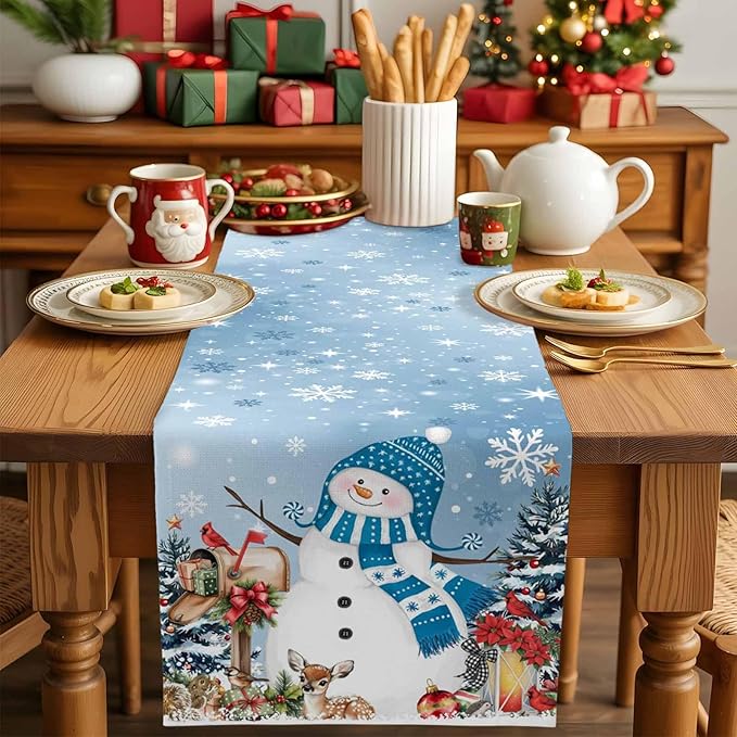 Blue Snowman Christmas Table Runner, 18x72 Inch, Xmas Tree Table Runners Elk - Image 4