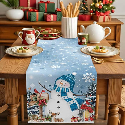 Blue Snowman Christmas Table Runner, 18x72 Inch, Xmas Tree Table Runners Elk - Image 4