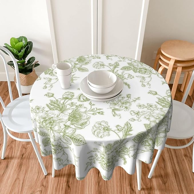 Sage Green Floral Tablecloth Round 70×70 Inch - Image 2