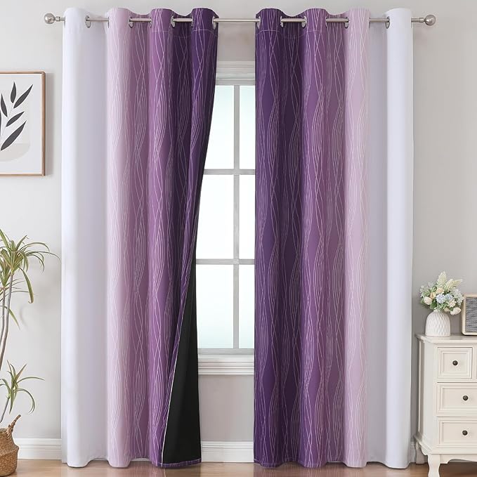 Estelar Textiler Purple and Greyish White Ombre Blackout Curtains 90 Inch - Image 2