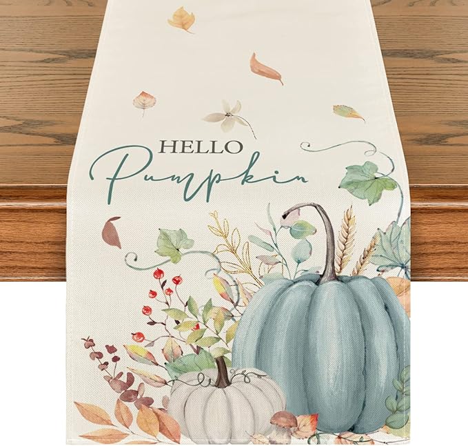Artoid Mode Aqua Hello Pumpkin Leaves Fall Table Runner, Seasonal Autumn by ArtoidMode