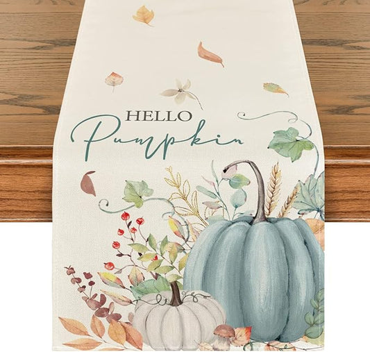 Artoid Mode Aqua Hello Pumpkin Leaves Fall Table Runner, Seasonal Autumn by ArtoidMode