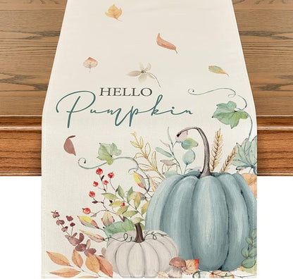 Artoid Mode Aqua Hello Pumpkin Leaves Fall Table Runner, Seasonal Autumn by ArtoidMode