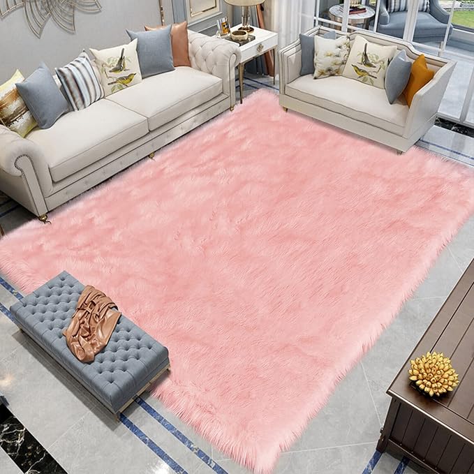 Latepis Big Pink Area Rugs for Living Room 6.7x10 Faux Sheepskin Fur Rug by Latepis