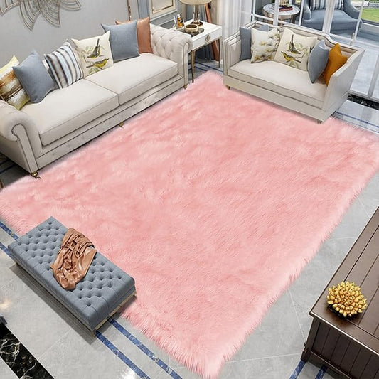 Latepis Big Pink Area Rugs for Living Room 6.7x10 Faux Sheepskin Fur Rug by Latepis