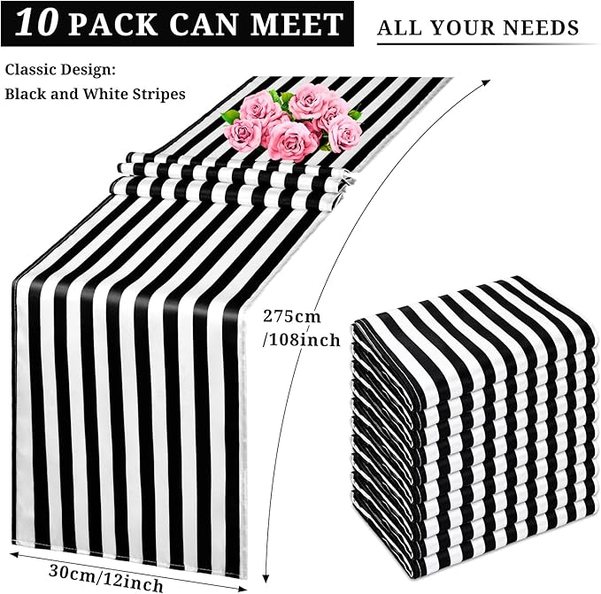 10 Pack Striped Table Runner Polyester Table Decor Classic Black and White - Image 4