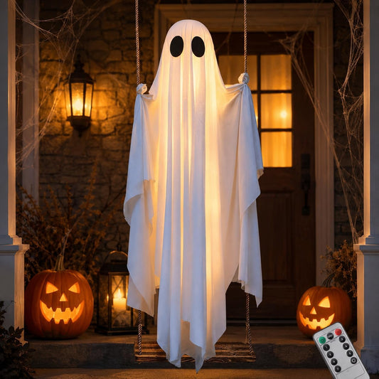 Halloween Hanging Swinging Ghost, 5 FT Light Up Ghost Porch Decor with IP65 Remote String Lights, Halloween Outdoor Spooky Ghosts Decoration for Front Porch Tree Yard Entryway