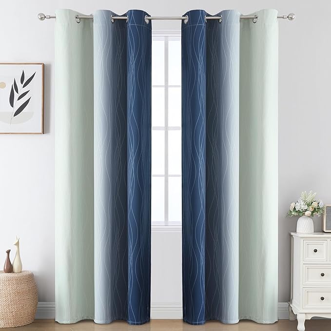 Estelar Textiler Navy Blue and Sage Green Ombre Blackout Curtains - Image 2