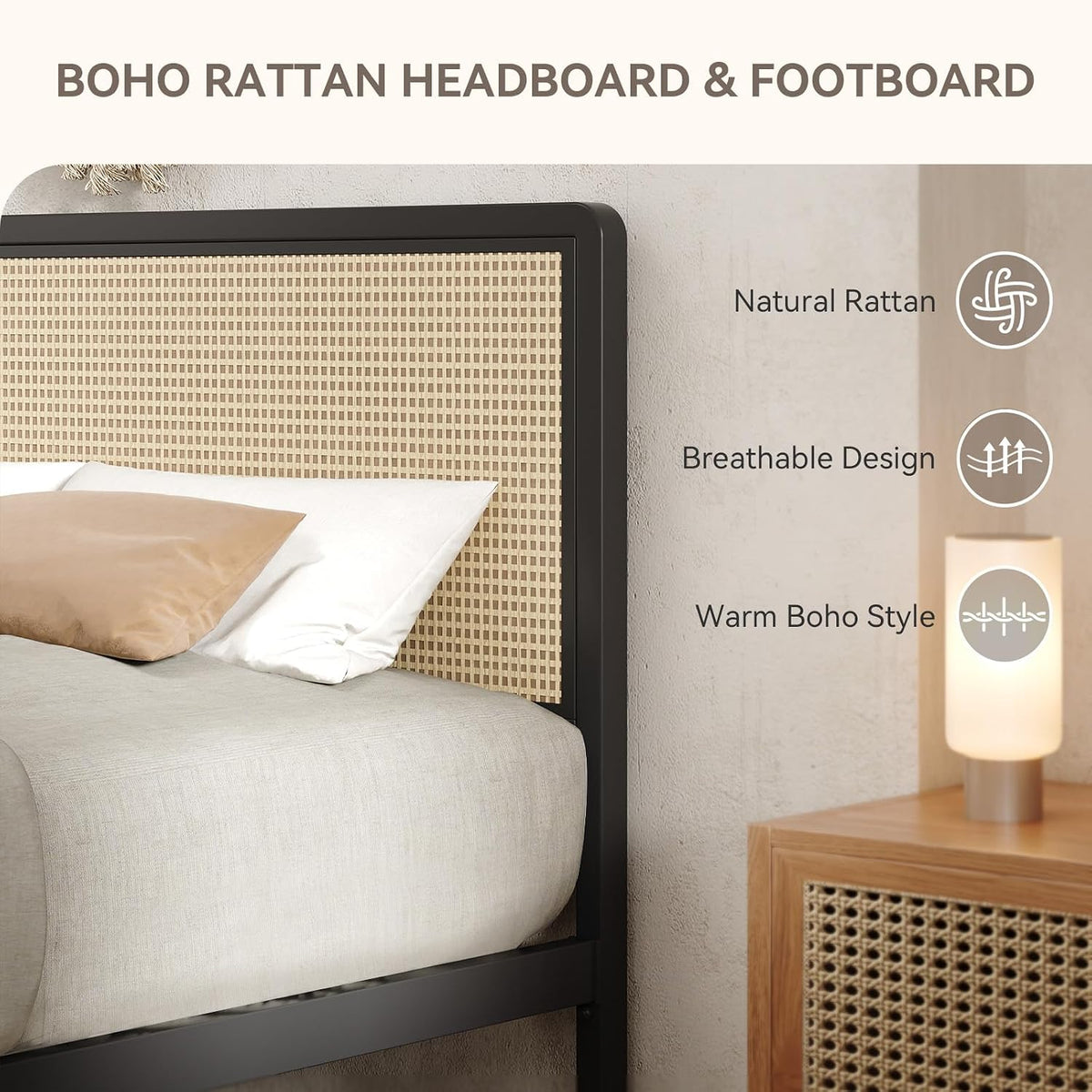 immerstable rattan full size bed frame with headboard, close-up detail