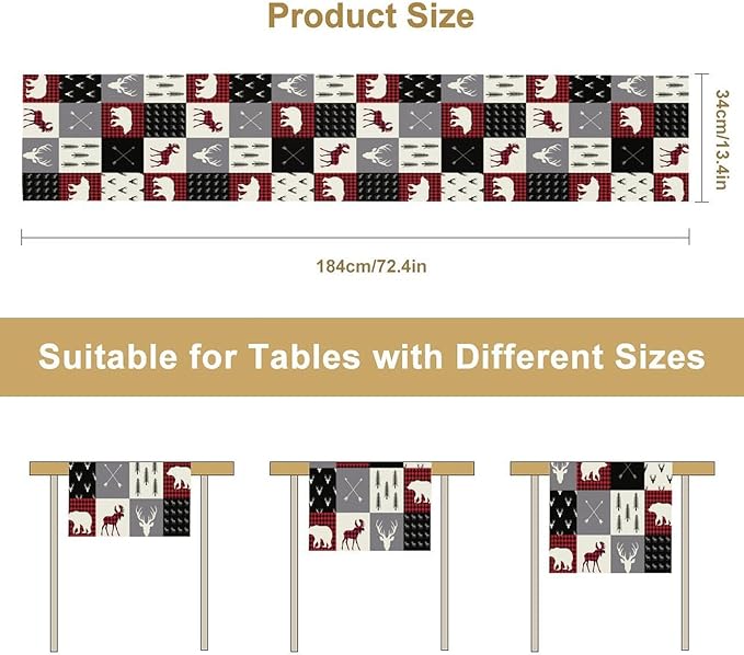 Farmhouse Bear Deer Table Runner, Retro Rustic Village Buffalo Plaid Table - Image 7
