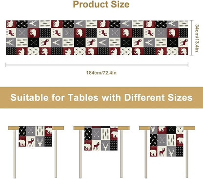 Farmhouse Bear Deer Table Runner, Retro Rustic Village Buffalo Plaid Table - Image 7