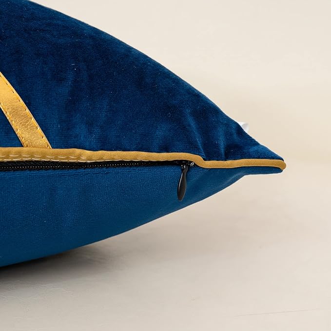 Alerfa 20 x 20 Inch Navy Blue Beige Gold Leather Patchwork Velvet & Polyester - Image 6