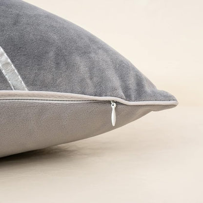Alerfa 12 x 20 Inch Gray Silver Leather Patchwork Velvet & Polyester Cushion - Image 6