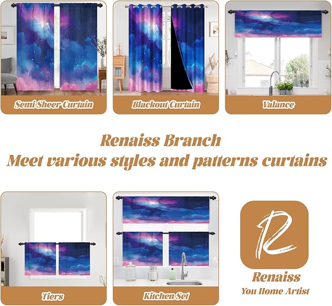Renaiss 26 x 45 Inch Universe Galaxy Small Window Tier Curtains Outer Space - Image 8