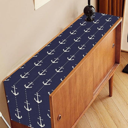 Anchor Table Runner, Nautical Navy Blue Retro Sailing Seasonal Anchor Print - Image 3