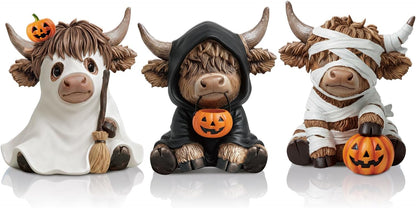 Karenhi 3 Pcs Halloween Highland Cow Figurines, Cute Spooky Ghost Decor