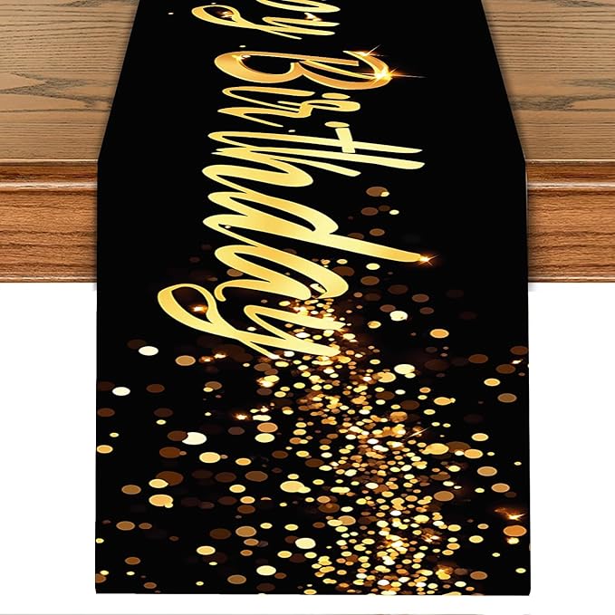 Elegant Black and Gold Happy Birthday Table Runner – 13x72 Inch Birthday Table by THISFIND