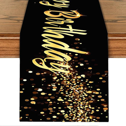 Elegant Black and Gold Happy Birthday Table Runner – 13x72 Inch Birthday Table by THISFIND