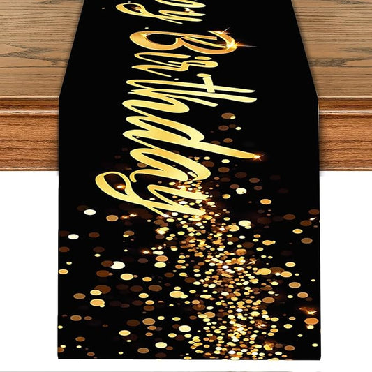 Elegant Black and Gold Happy Birthday Table Runner – 13x72 Inch Birthday Table by THISFIND