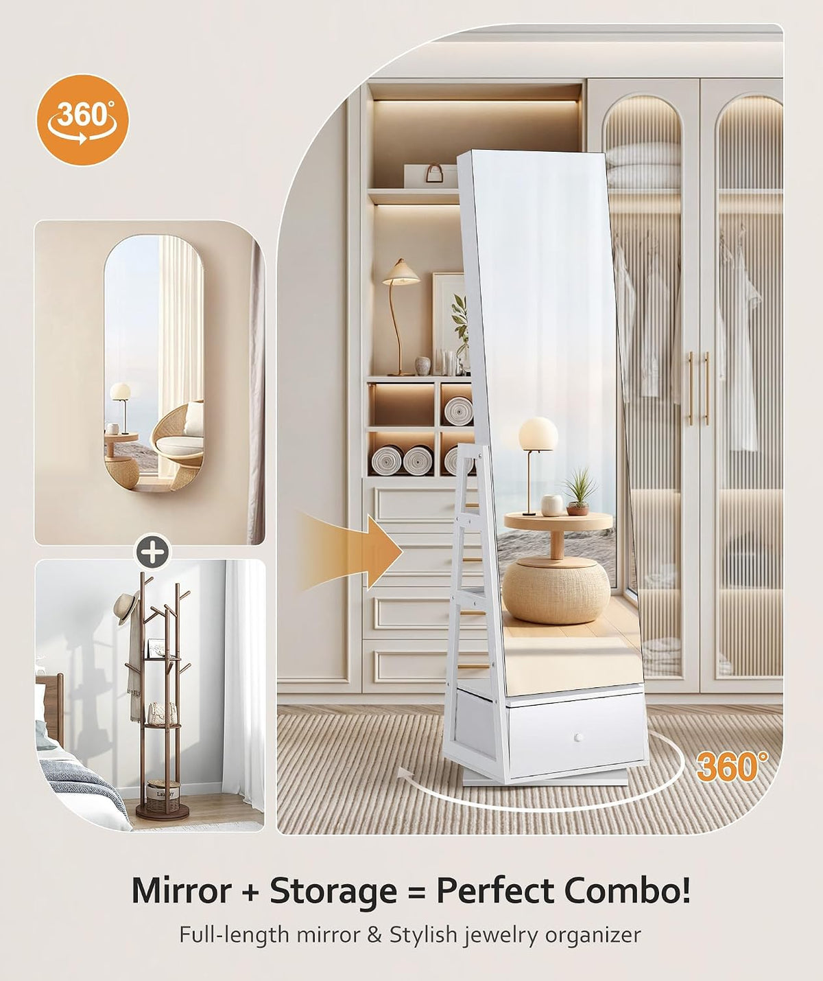 nicetree 360° swivel jewelry cabinet, full length mirror, side view
