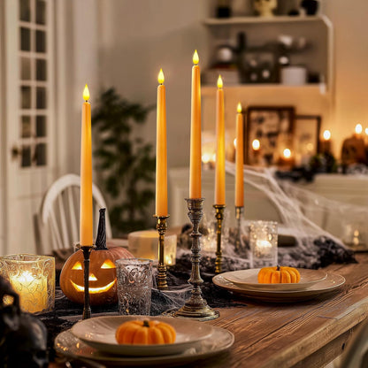 Homemory 12 Pcs Flameless Taper Candles with Remote Timer Dimmer, 11 inches Orange Taper Candles Battery Operated, Plastic LED Candlesticks with Flickering Flame for Halloween Decoration