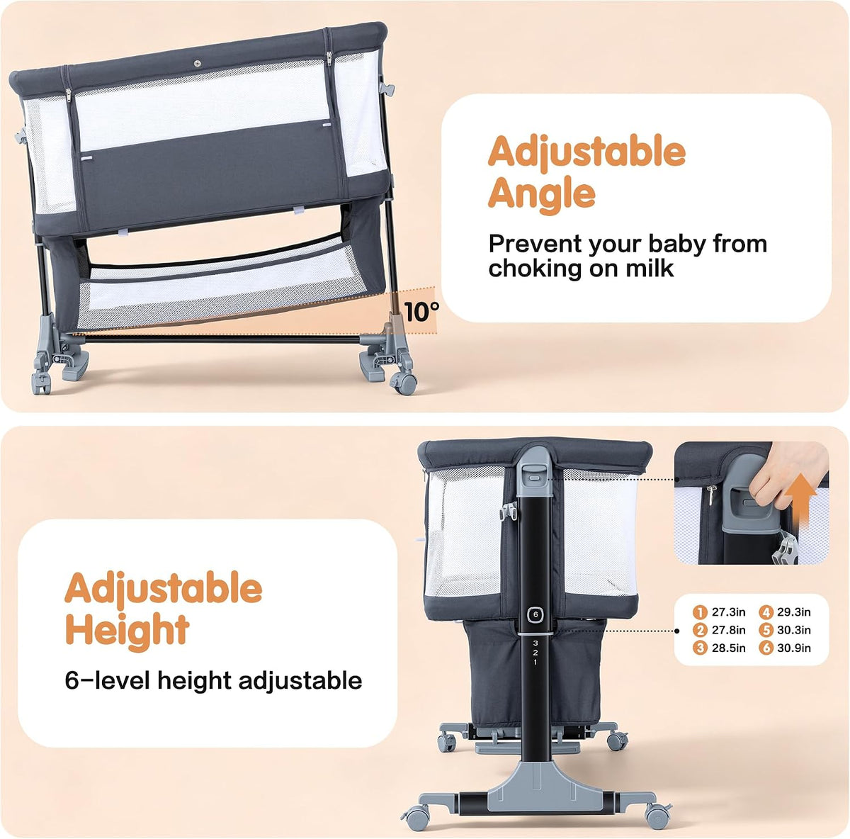 4 in 1 bassinet bedside sleeper with rocking, side view