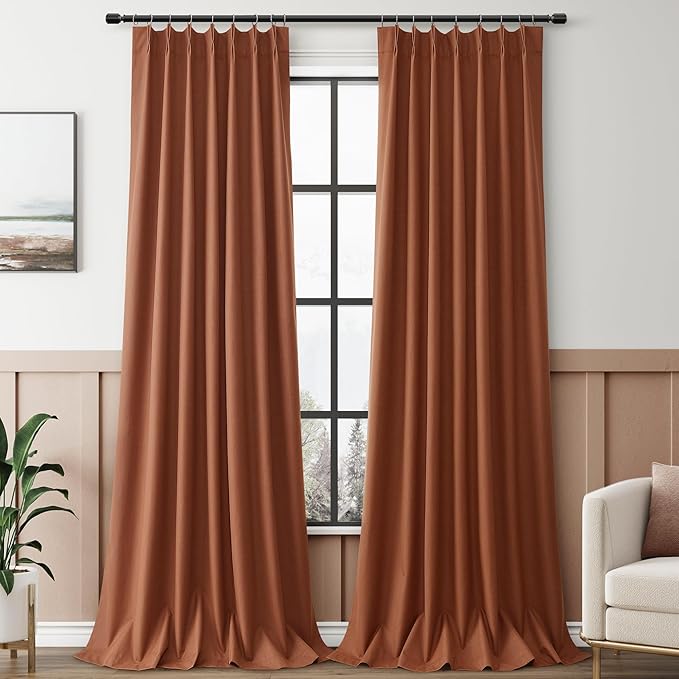 Terracotta 100% Blackout Pinch Pleated Linen Curtains 96 Inches Long by Aersas