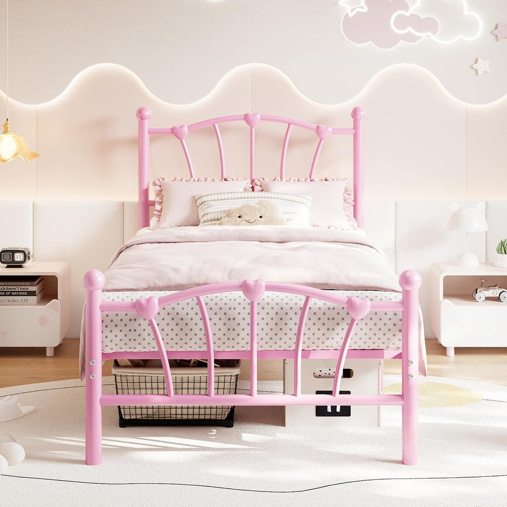 GarveeHome Twin Size Bed Frame, Metal Bed Frame with Headboard, Pink